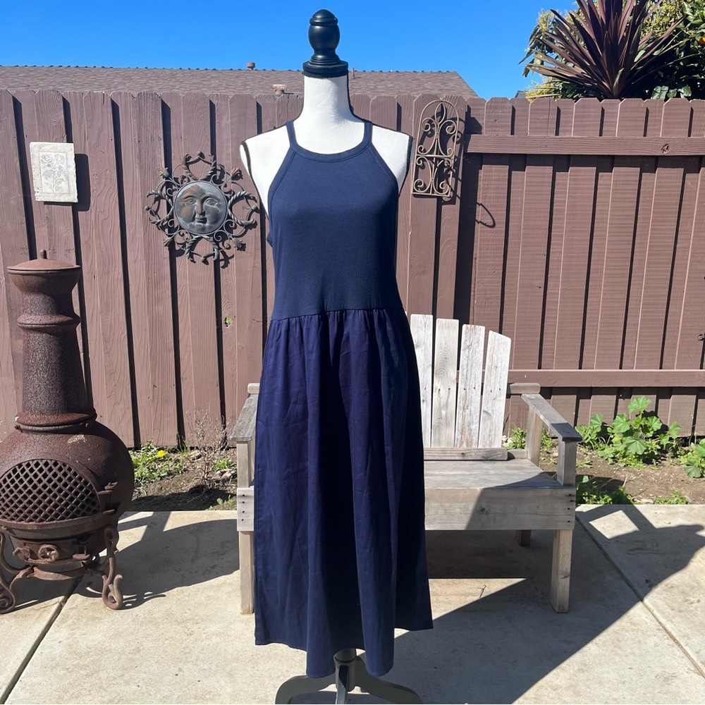Madison & Berkeley Ribbed Halterneck Midi Dress. Navy blue. Size medium.